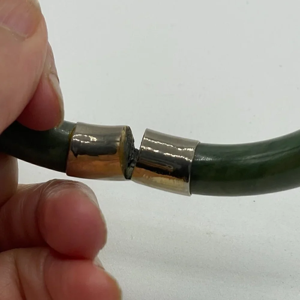 Vintage Spinach Green Nephrite Jade Bangle Bracelet Hinged 10K Gold Plate Caps